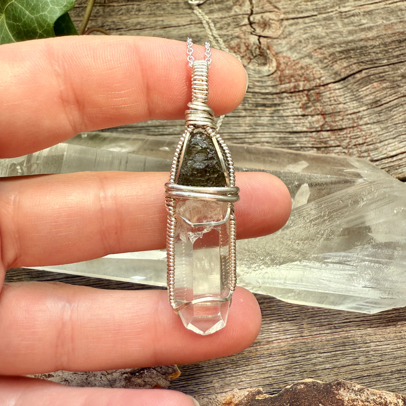 Moldavite and Lemurian Quartz Crystal Pendant