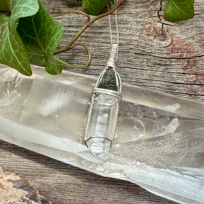 Moldavite and Lemurian Quartz Crystal Pendant