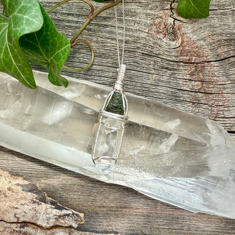 Moldavite and Lemurian Quartz Crystal Pendant