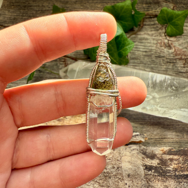 Moldavite and Lemurian Quartz Crystal Pendant