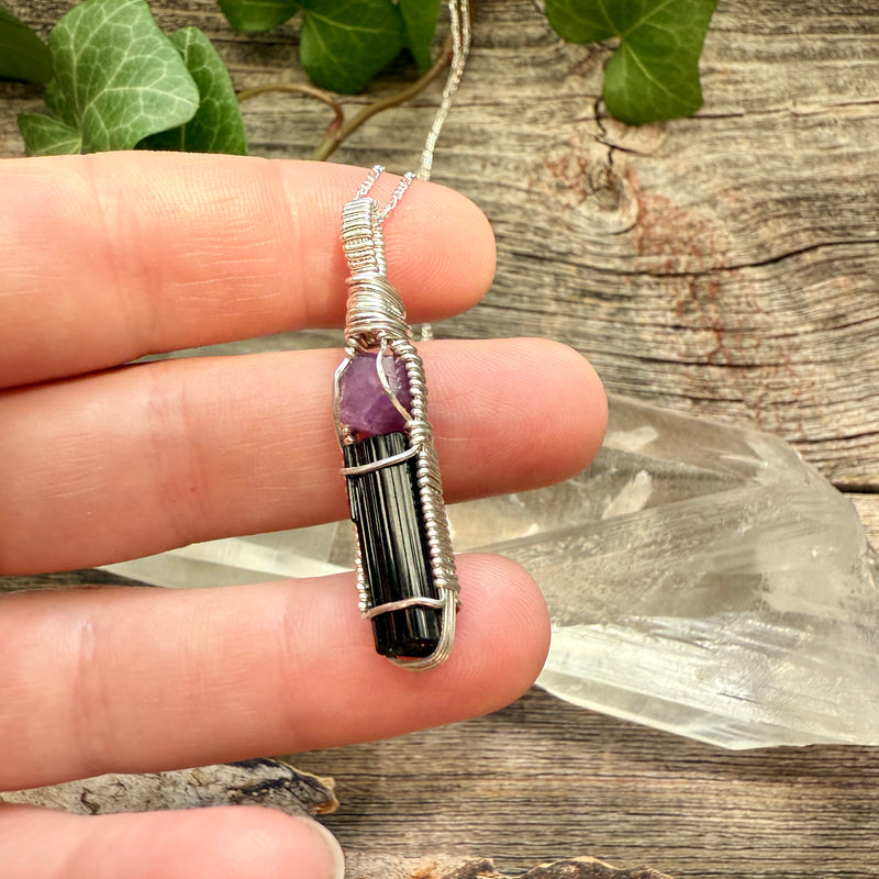 Ruby and Black Tourmaline Crystal Pendant