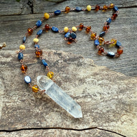 Lemurian Double Terminated Phantom Quartz with Amber and Lapis Lazuli