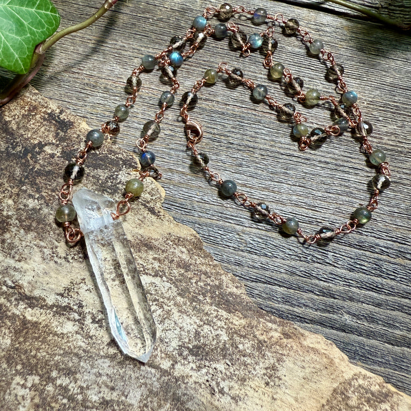 Lemurian Quartz with Labradorite and Smoky Quartz Necklace