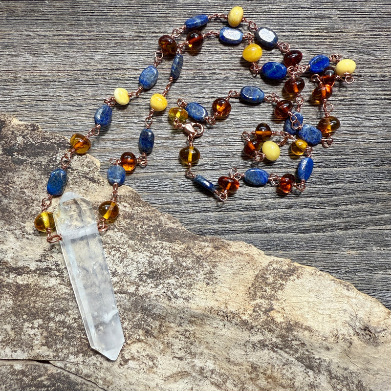 Lemurian Double Terminated Phantom Quartz with Amber and Lapis Lazuli