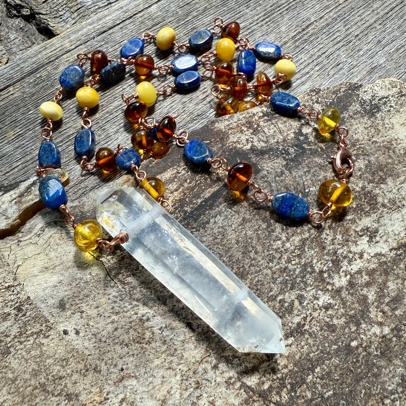 Lemurian Double Terminated Phantom Quartz with Amber and Lapis Lazuli