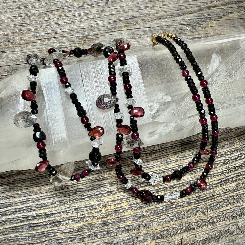 Smoky Quartz, Super 7, Garnet, Tibetan Quartz, Herkimer Diamond, Black Tourmaline and Black Spinel Gemstone Necklace