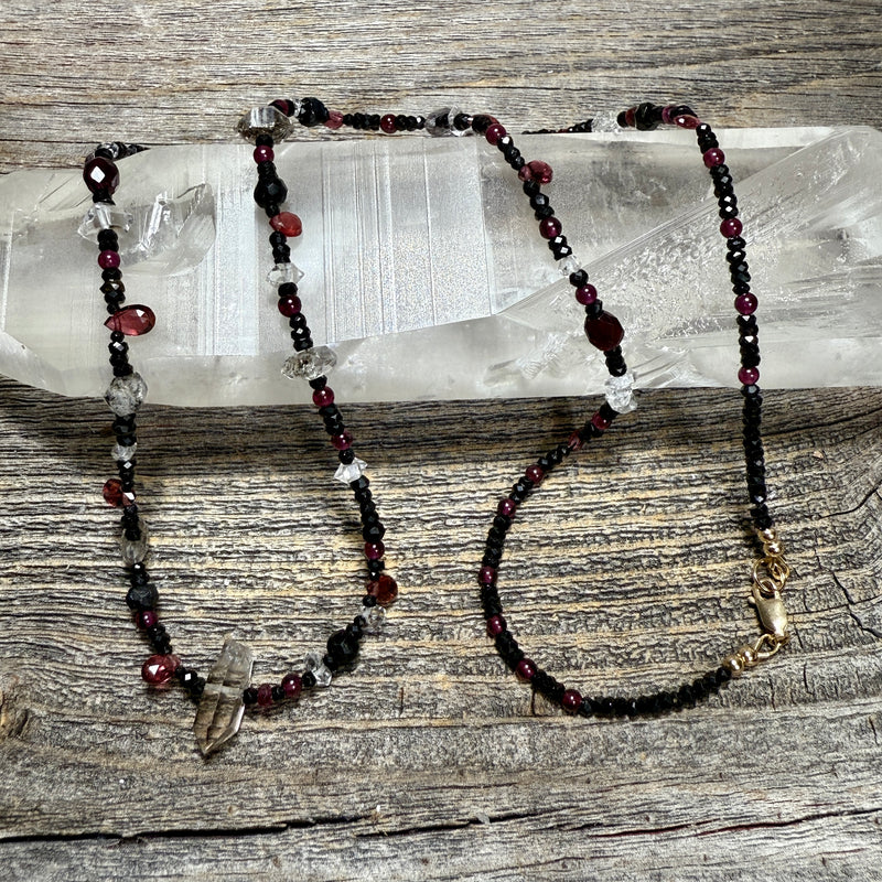 Smoky Quartz, Super 7, Garnet, Tibetan Quartz, Herkimer Diamond, Black Tourmaline and Black Spinel Gemstone Necklace