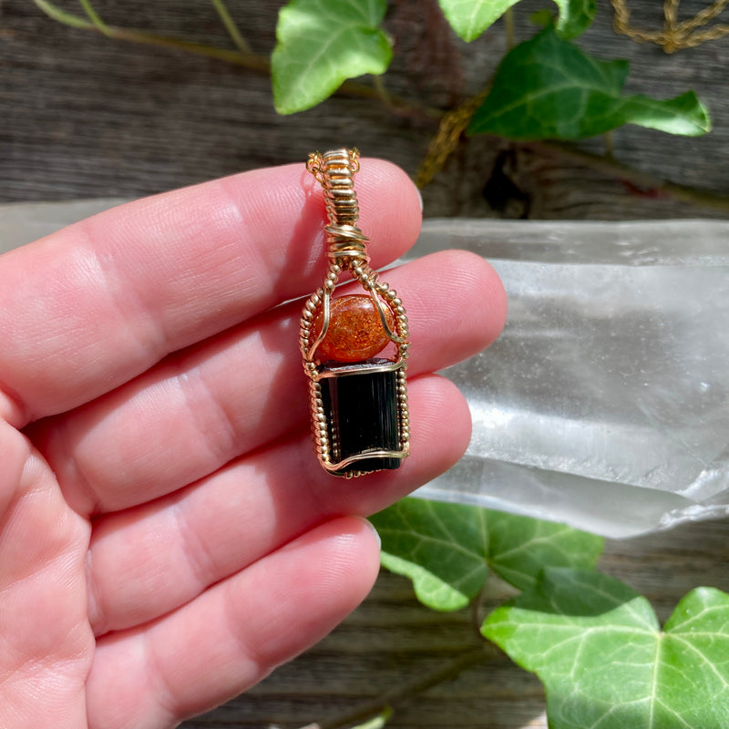 Sunstone and Black Tourmaline Crystal Pendant